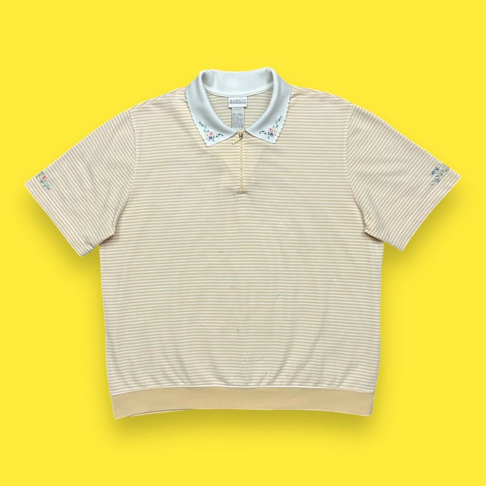 Vintage Polo Shirt Striped Collared Top Cottagecore Floral Polycotton Womens XL